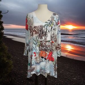 One World Graphic Tunic Top 1X Milan Artsy Plus Size Bling Asymmetric Sublimated